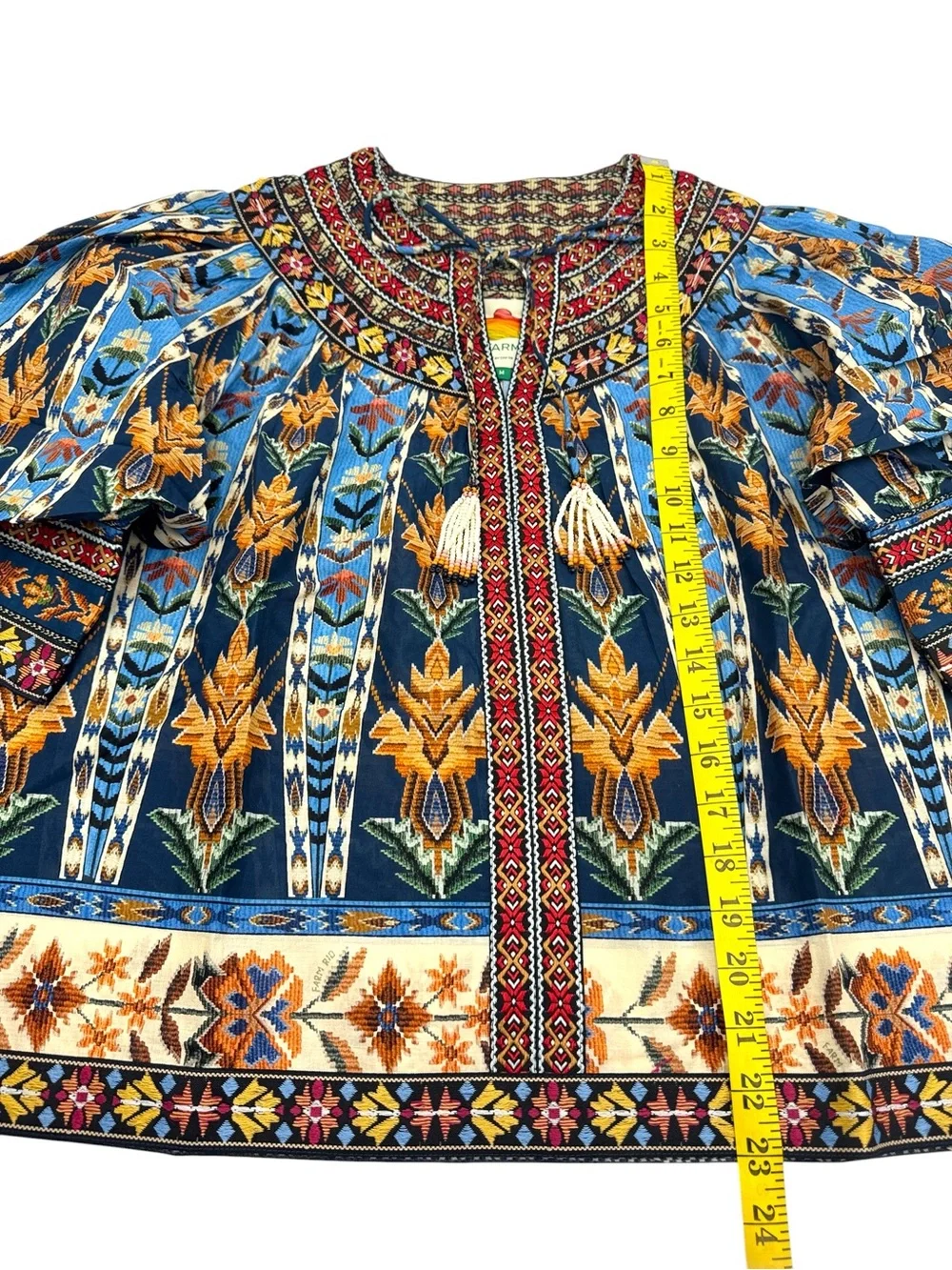 NWT FARM Rio Embroidered Tapestry Blue Short Sleeve Blouse Size Medium